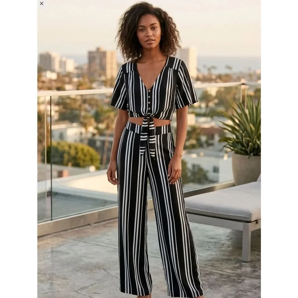 Take 50% OFF- Live To Be Spoiled Black&White 2pc Croptop & Pant, Size-XS